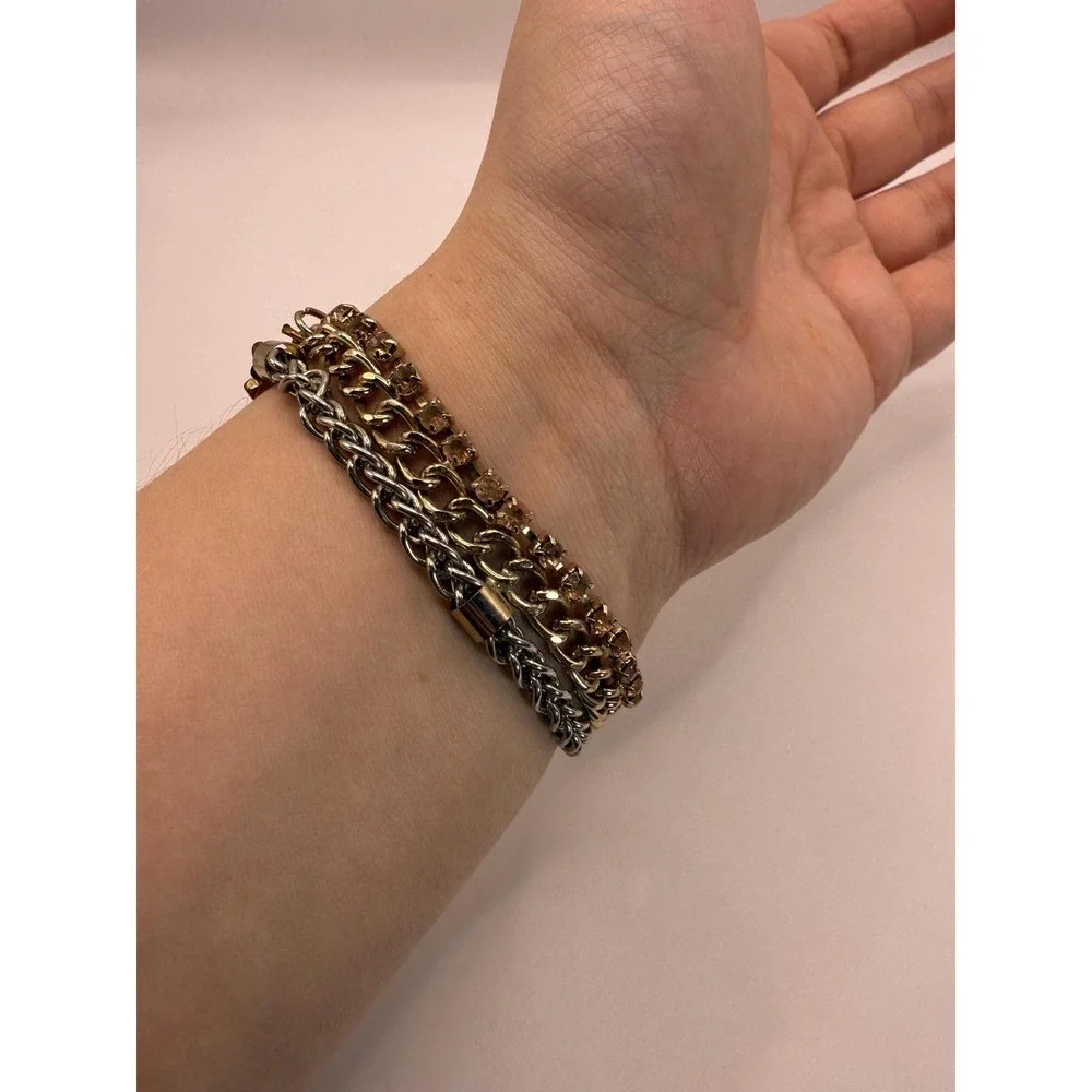 Chunky Chain Bracelet Faux Amber Triangle‎ Magnetic Clasp Mixed Metal Statement